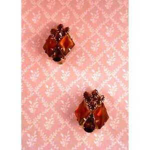 Vintage Art Deco Amber Rhinestone Clip-On Earrings Gold-Tone Elegant Retro Jewel